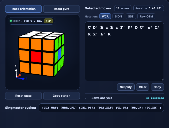 Regrip console showing the rendered cube, detected moves in WCA notation, solve analysis, and Singmaster-cycle state export